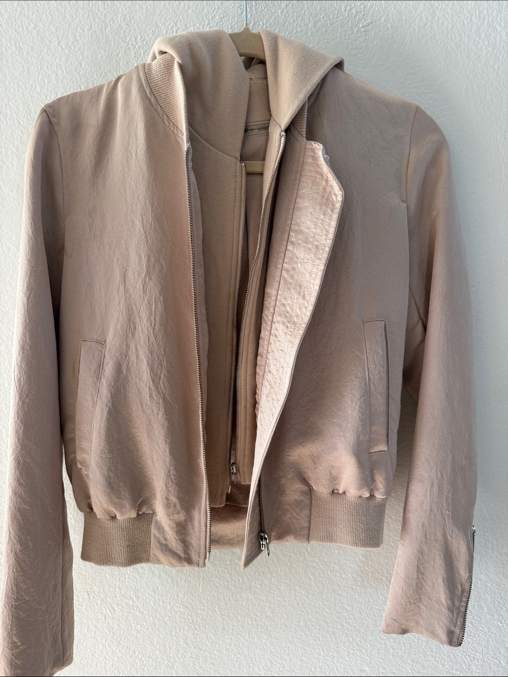 A.L.C. Edison Mixed Media Hooded Bomber Jacket Japanese Fabric Nude Pink XS